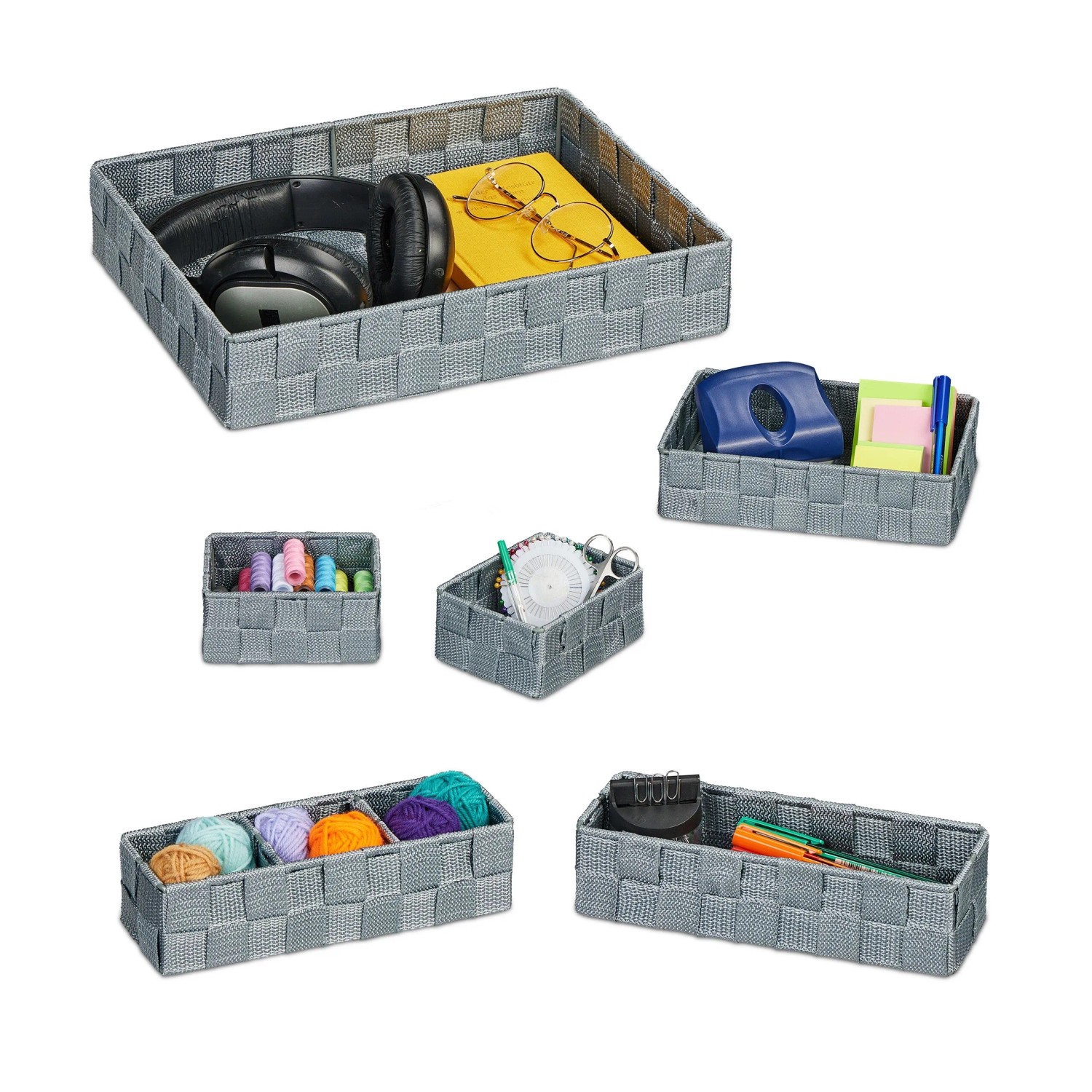 Relaxdays Aufbewahrungskorb 6er Set Kunststoff Eisen Grau Formstabil 6 cm x 32 cm x 24 cm 250 g
