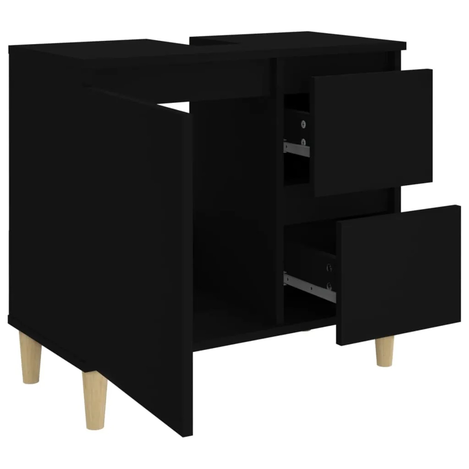 Schwarzer vidaXL Badschrank (65x33x60 cm) mit Schubladen und Tür, Holzwerkstoff, Teil eines Badmöbel-Sets.