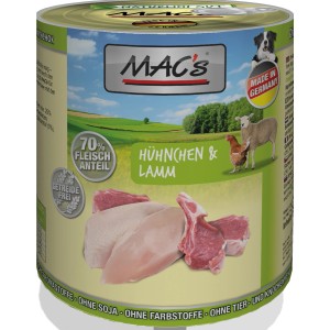 Mac's Hunde-Nassfutter Hühnchen & Lamm, 800g Dose. Getreidefreies Alleinfutter mit hohem Fleischanteil.