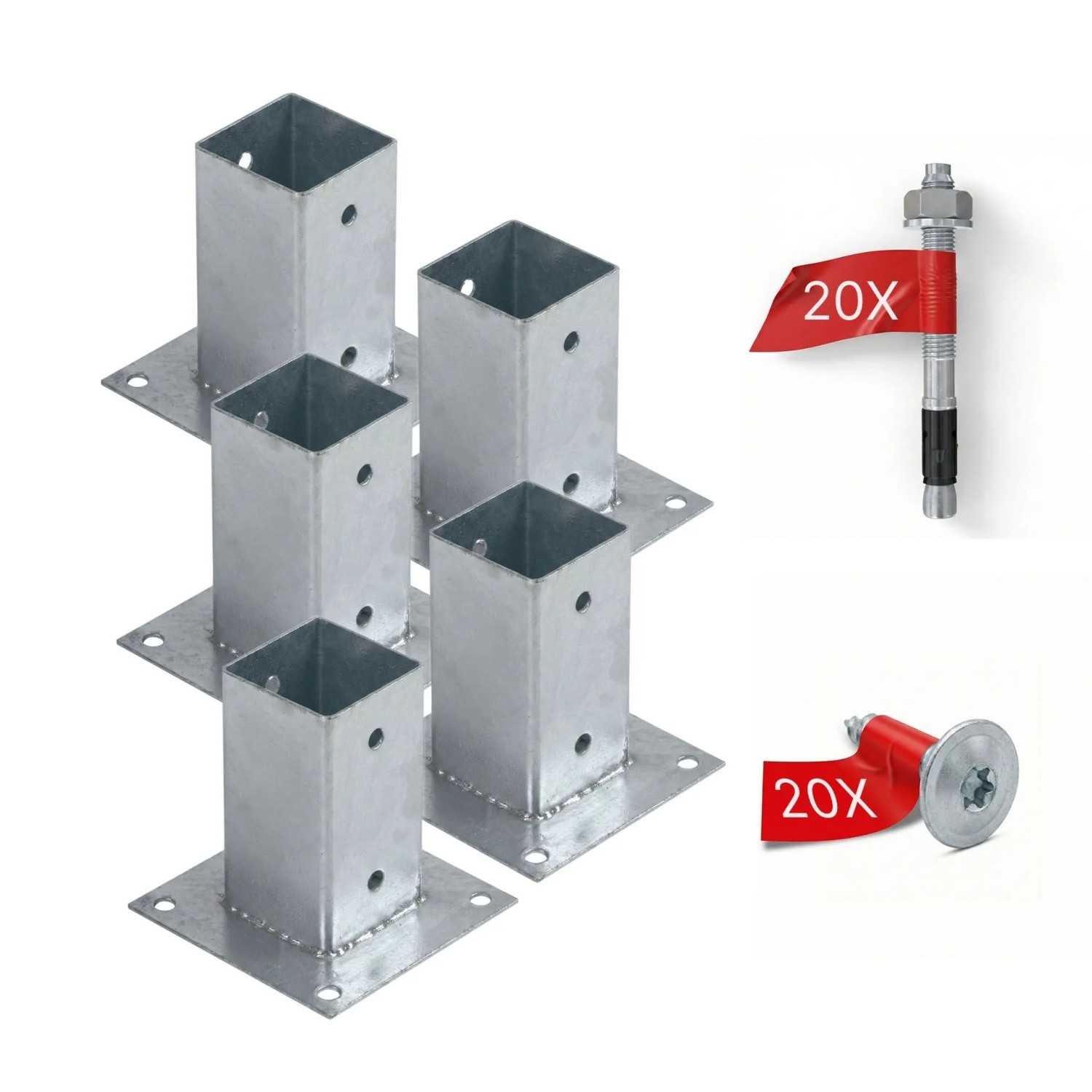 HOLLMAX 5 Stk. Aufschraubhülse/Pfostenträger 71 mm Komplettset Verzinkt Silber für Vierkantpfosten
