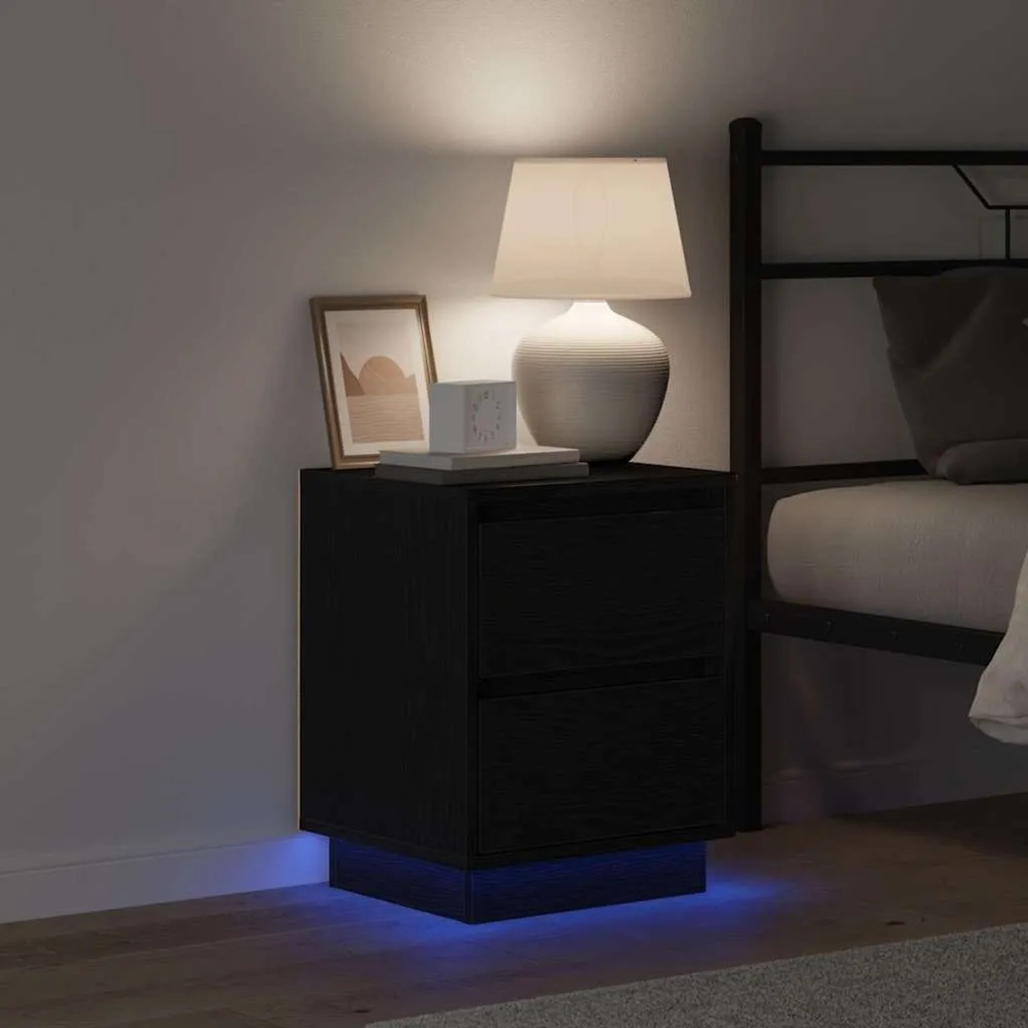 Schwarzer vidaXL Nachttisch mit 2 Schubladen und LED-Beleuchtung aus Holzwerkstoff.