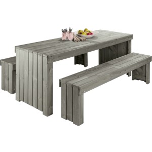 Graues 3-teiliges Wilk Gartenmöbel-Set Amsterdam aus FSC-Kiefernholz mit Tisch und Bänken.
