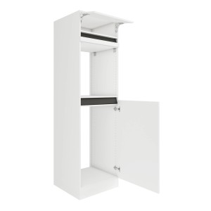 Optifit Hochschrank Luca932 für Backofen und Kühlschrank, 60 cm, Weiß, mit offener Tür.