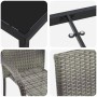 Details der vidaXL Garten Essgruppe: graues Poly Rattan, schwarze Glasplatte, pulverbeschichteter Stahlrahmen.