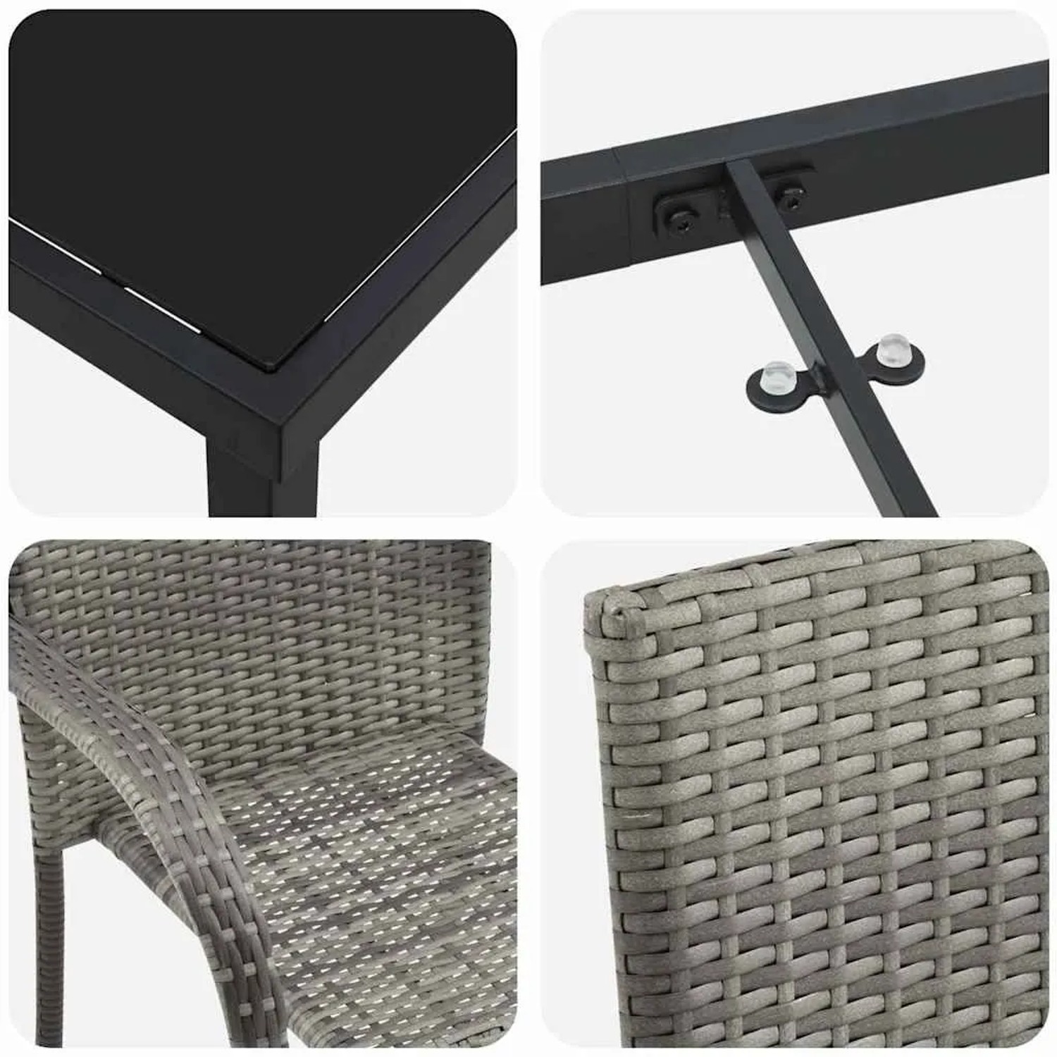 Details der vidaXL Garten Essgruppe: graues Poly Rattan, schwarze Glasplatte, pulverbeschichteter Stahlrahmen.