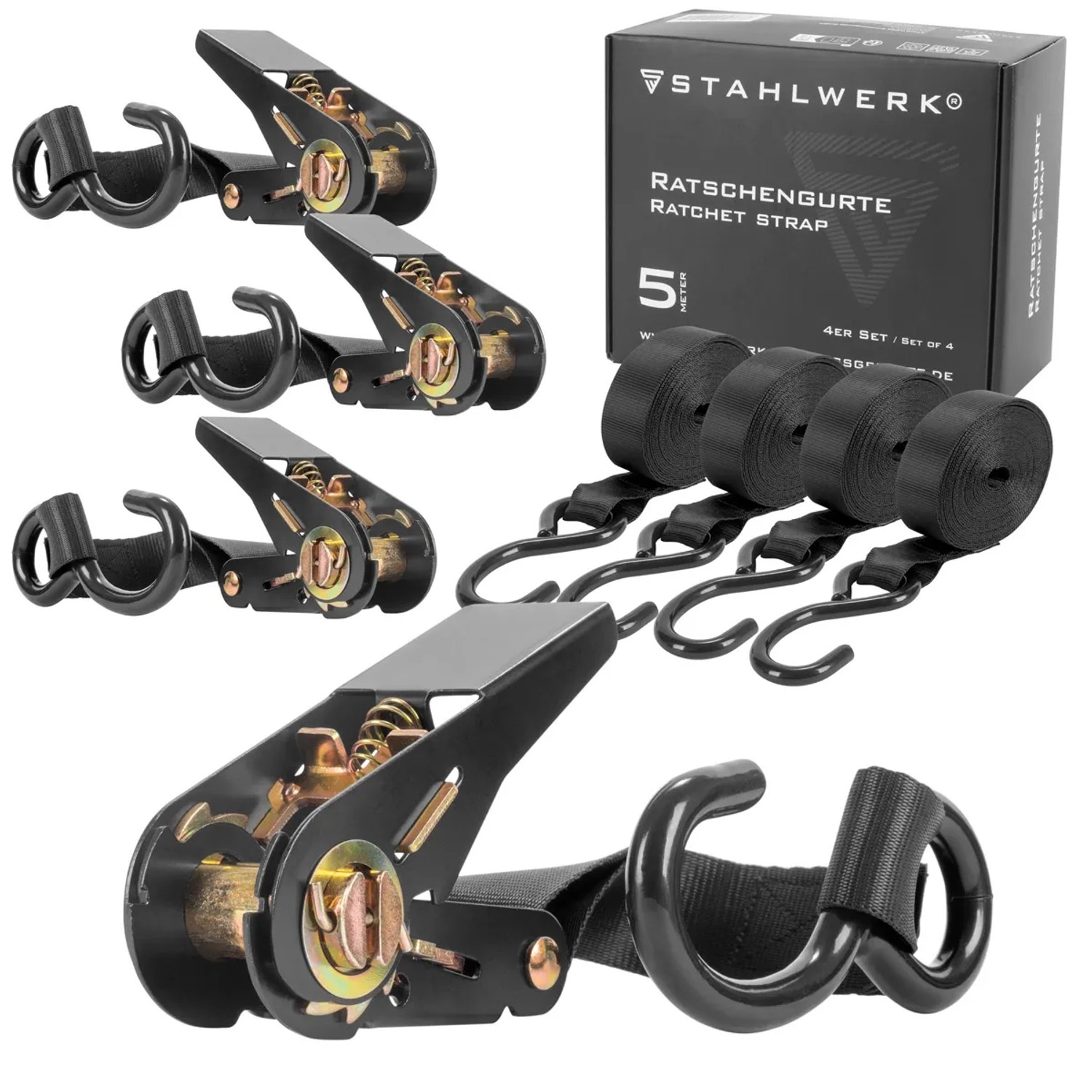 STAHLWERK Ratschengurt mit Haken 4er Set 5 M X 25 MM 800 KG Spanngurt Zurrgurt