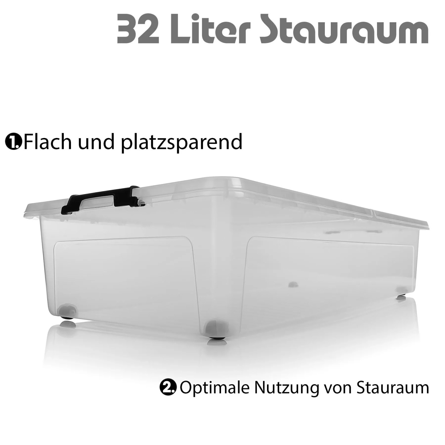 Transparente 32 L Unterbett Aufbewahrungsbox mit Rollen und Deckel aus Kunststoff für Kleidung & Spielzeug.