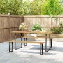 Robuste Outsunny Gartensitzgruppe aus Naturholz und Stahl. Tisch mit zwei Bänken für 6 Personen auf Terrasse.