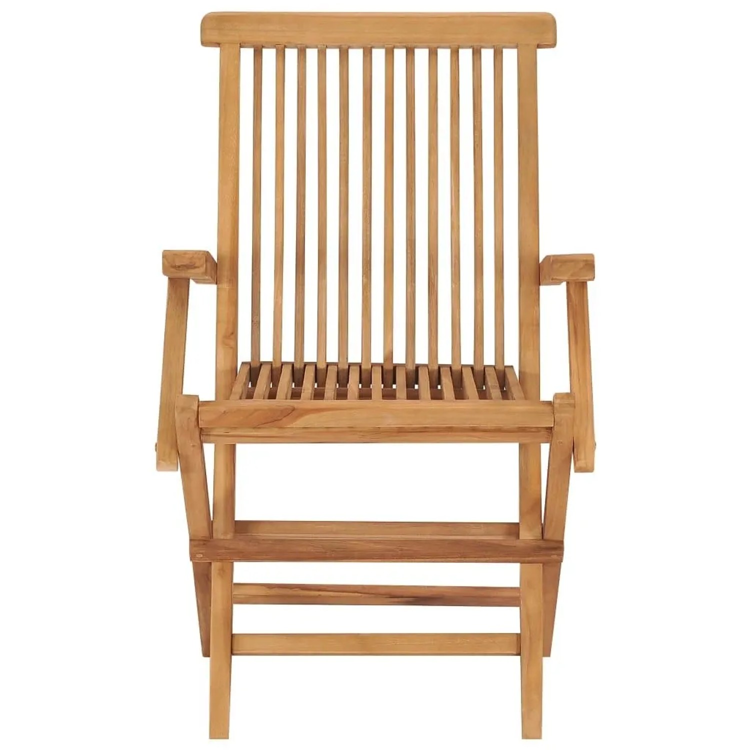 Klappbarer Gartenstuhl aus hellem Teakholz mit Lattenrost-Sitzfläche und Armlehnen für den Garten.