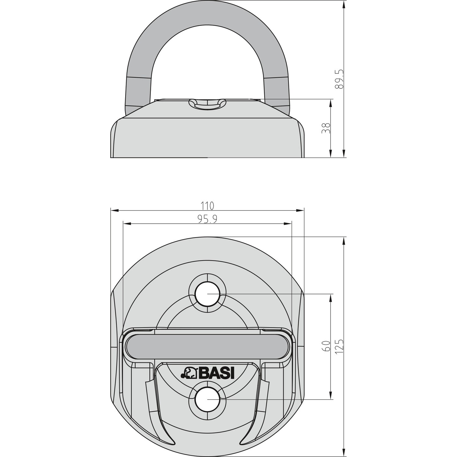 Technische Zeichnung: BASI Boden-Wandanker BWA 110, Maße und Details zur Montage des Fahrradschlosses.