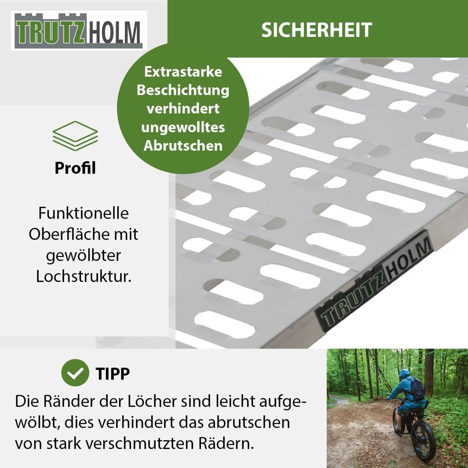 Detailansicht TRUTZHOLM Auffahrrampe: Gelochte Oberfläche für sicheren Halt beim Verladen von Motorrädern.