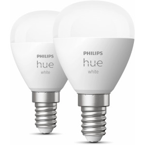 Philips Hue Luster Doppelpack: Zwei E14 Leuchtmittel mit warmweißem Licht.
