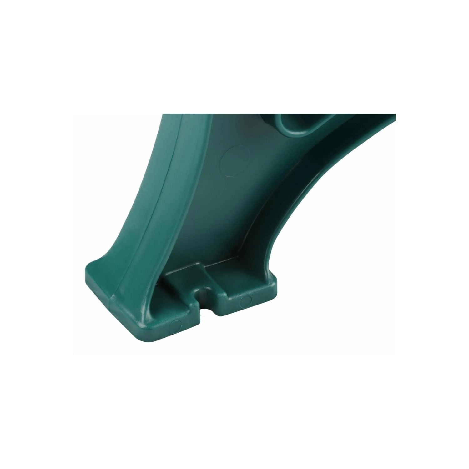 Detailaufnahme: Grüner Fuß einer PROREGAL Gartenbank Jamaika, Kunststoff, Vorrichtung zur Bodenbefestigung.