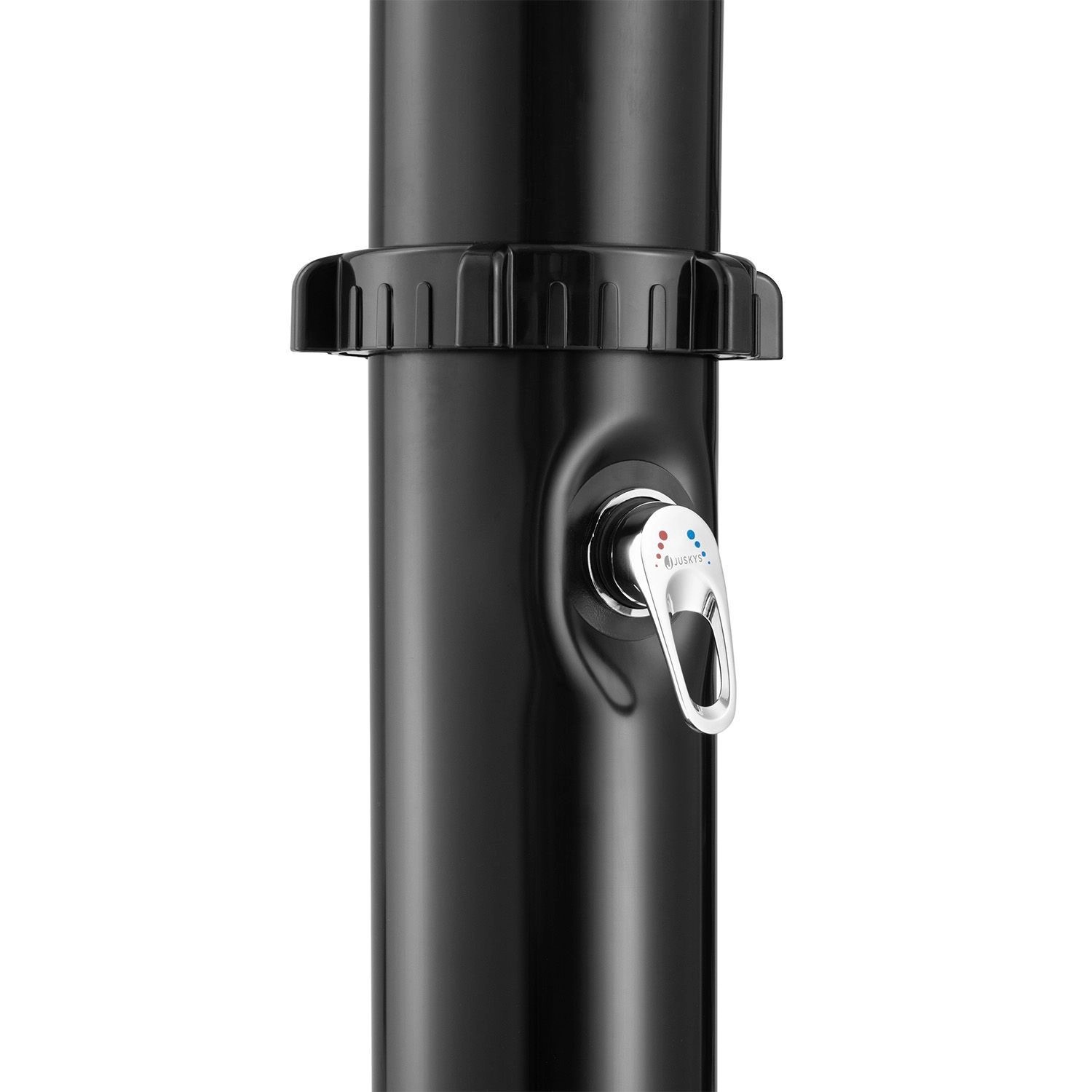 Detailaufnahme: Juskys Solardusche Victoria, schwarze Dusche mit Temperaturregler.