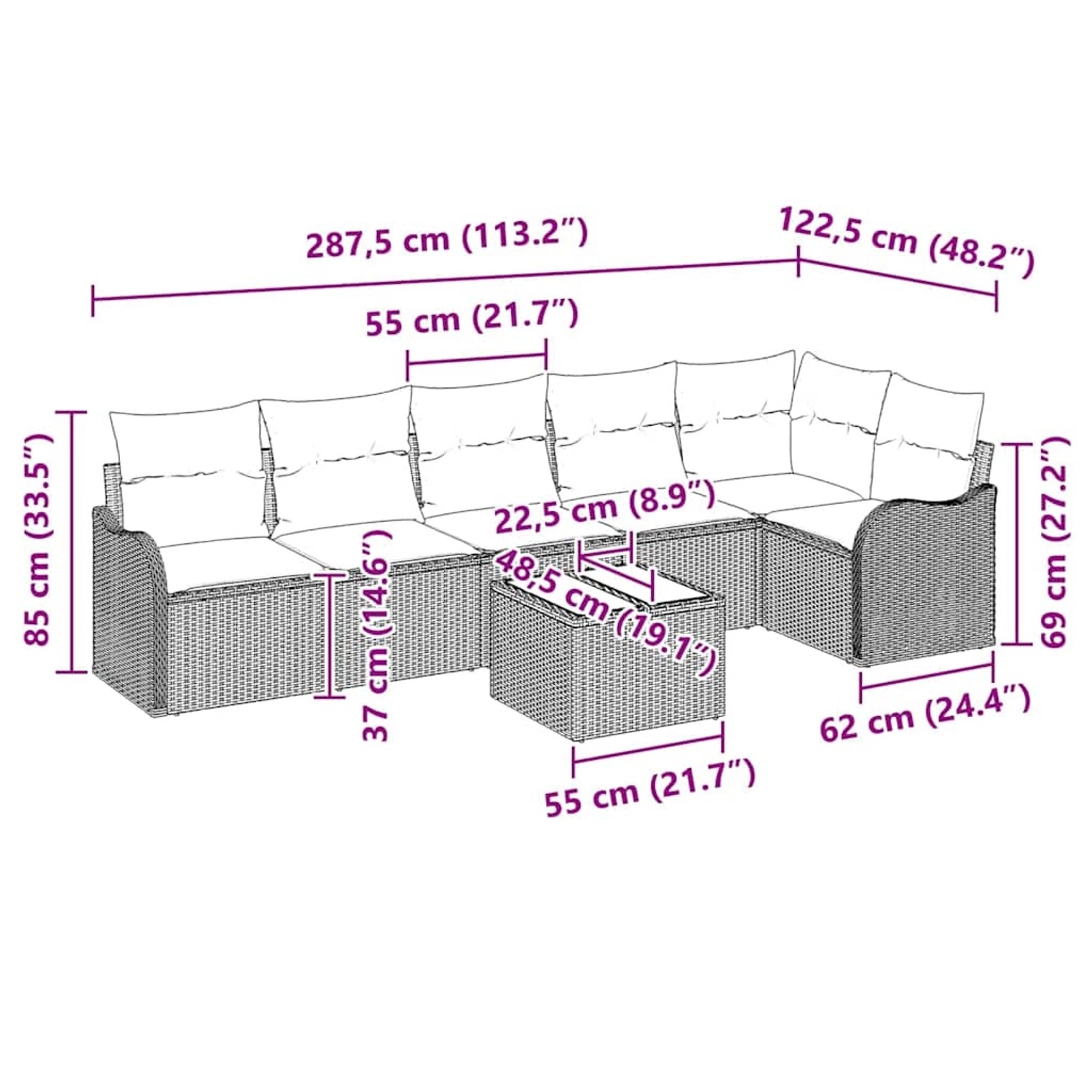 Beiges 7-teiliges vidaXL Garten-Sofa-Set aus Polyrattan mit Tisch und Kissen, Maße eingezeichnet.
