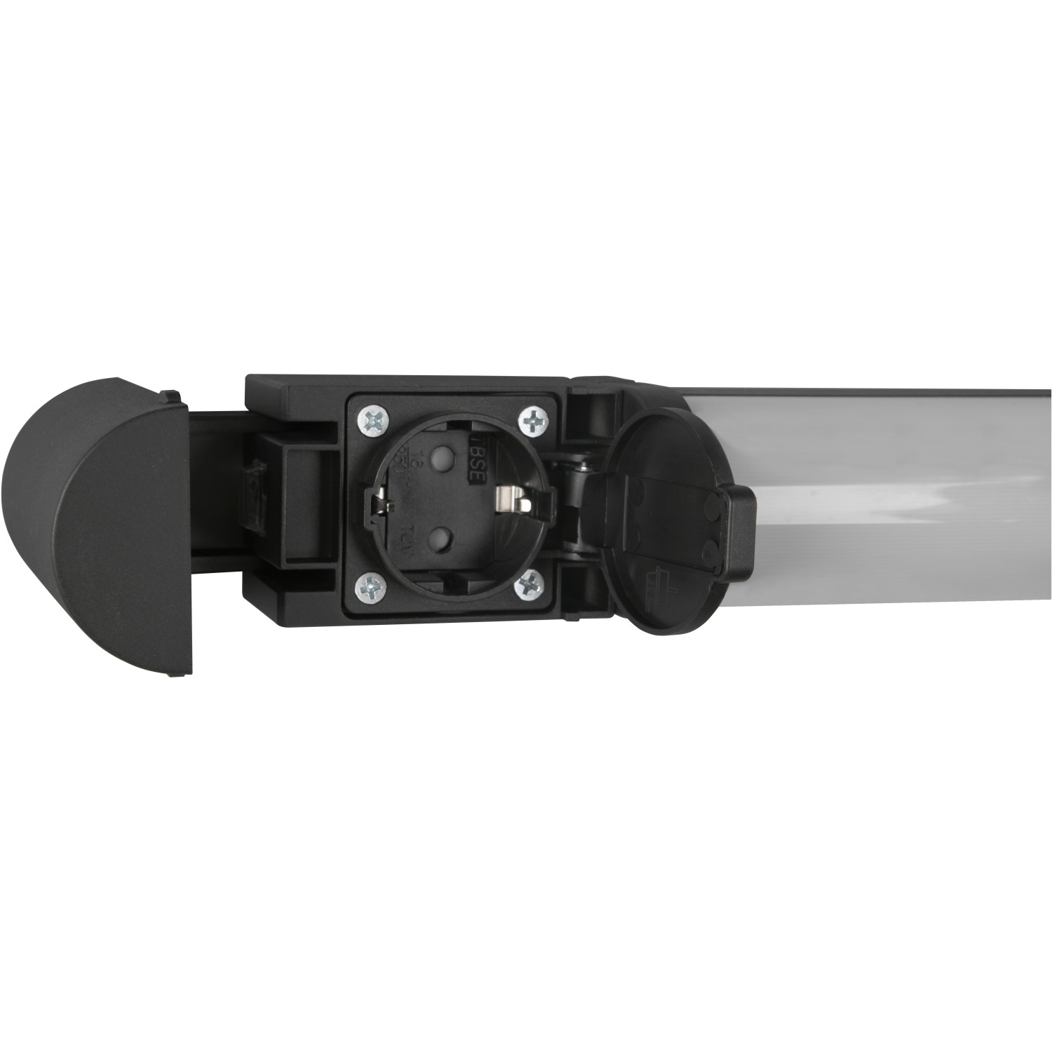 Detailaufnahme: Trio LED-Bad-Wandleuchte Piera, schwarz matt, mit integrierter Steckdose.