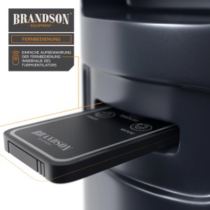 Brandson Turmventilator: Detailaufnahme der Fernbedienung im Aufbewahrungsfach des Ventilators.