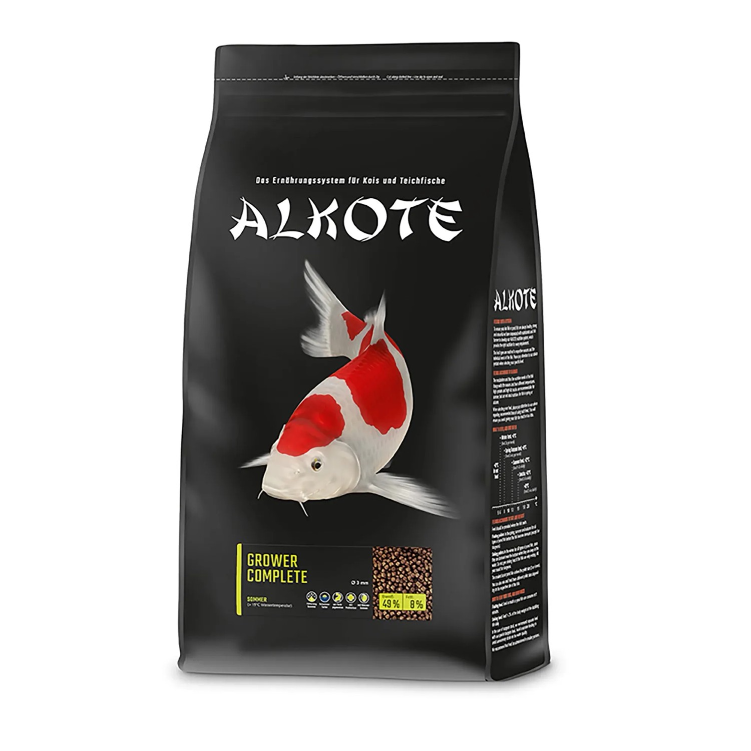 Alkote Fischfutter Grower Complete 3mm, 3kg Packung mit Koi Karpfen Abbildung.