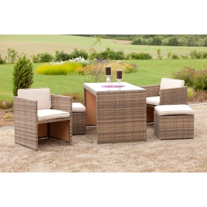 11-teiliges Balkonmöbel Lounge-Set Merano in Savannagrau mit Tisch, Sesseln, Hockern und Kissen.
