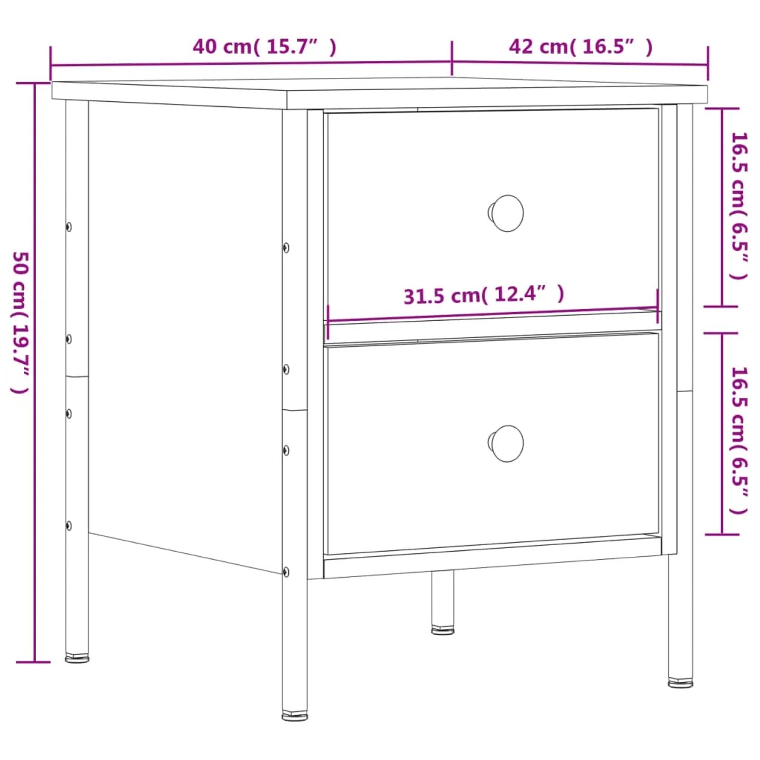 Nachttisch Sonoma-Eiche 40x42x50 cm aus Holzwerkstoff mit 2 Schubladen. Technische Zeichnung mit Maßen.