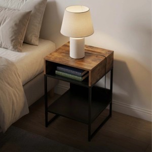 Dunkelbrauner Nachttisch aus Holzwerkstoff und schwarzem Stahl mit 2 Fächern. Industrial-Stil Nachtkonsole am Bett.