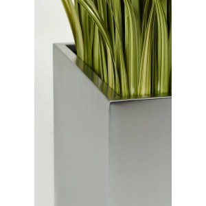 Vivanno Block Blumentopf, 50x50x50 cm, Edelstahl gebürstet, mit grünen Pflanzen.