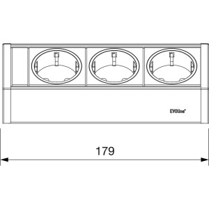 Linienzeichnung Evoline V-Dock Steckdosenelement, 3-fach, 179 mm Länge. Elektroinstallationsmaterial.