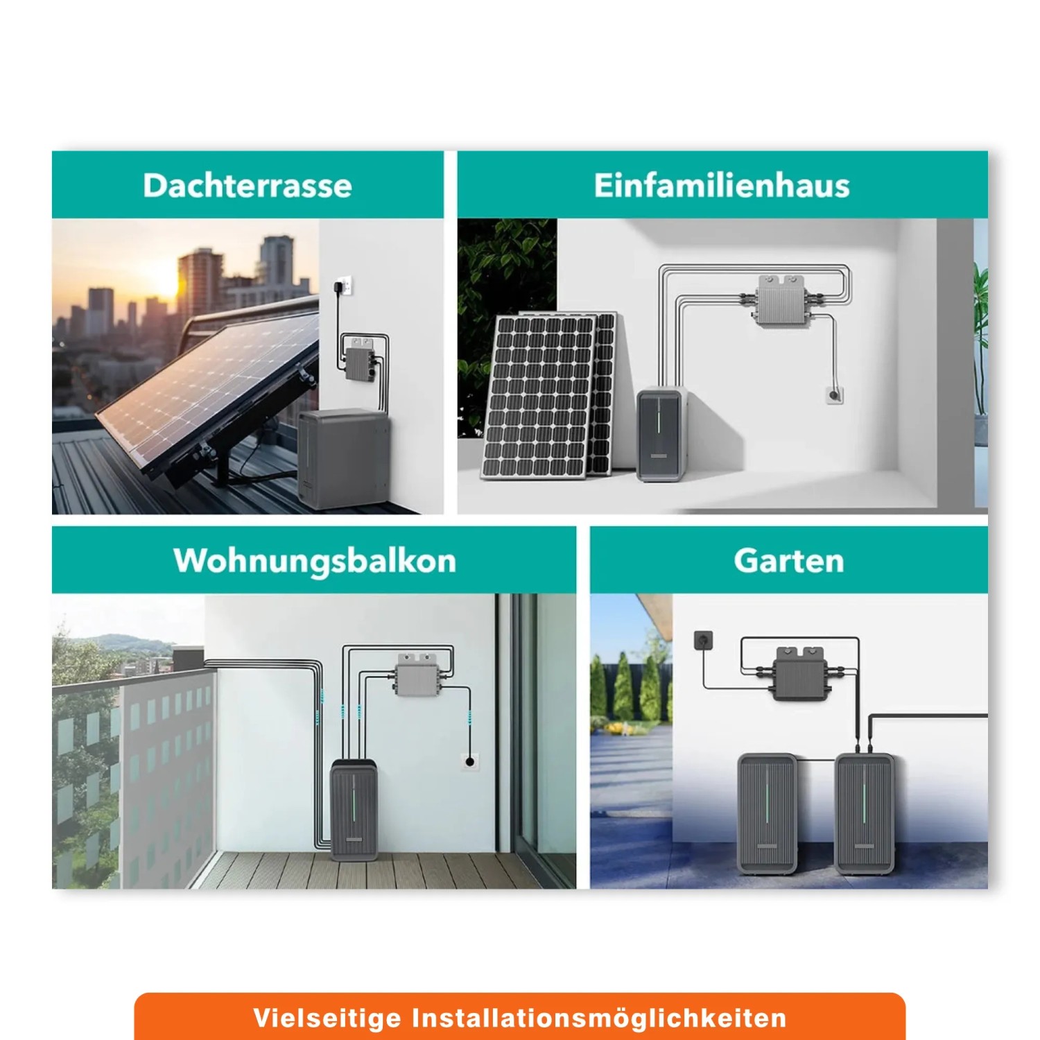 Marstek Balkonkraftwerk Speicher B2500-D mit verschiedenen Installationsorten.