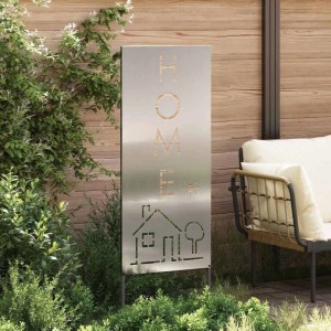 Silberner vidaXL Garten Sichtschutz aus verzinktem Stahl mit "HOME" Schriftzug und Hausmotiv.