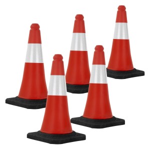 5er Set rot-weiße Verkehrskegel, 51 cm hoch, mit schwerem Fuß für Standsicherheit.