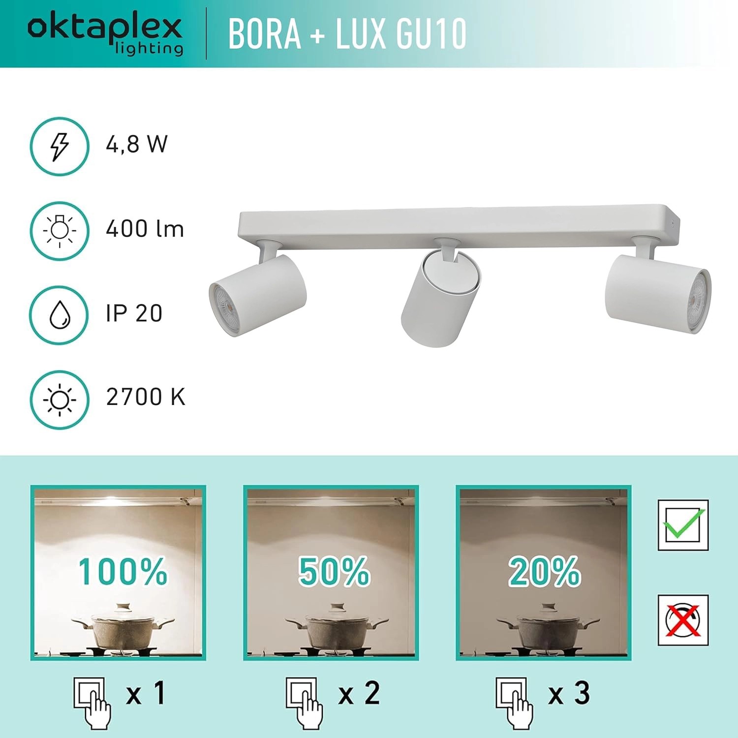 Weißer 3-flammiger OBI Oktaplex Bora LED Spotbalken mit schwenkbaren, dimmbaren GU10 Leuchtmitteln.
