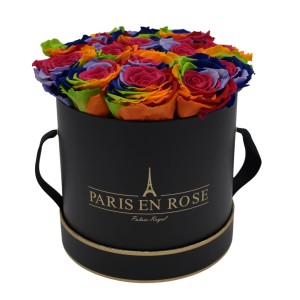 Rosenbox Schwarz-Gold mit 14 Rainbow Rosen, Blumenstrauß mit haltbaren, bunten Rosen.