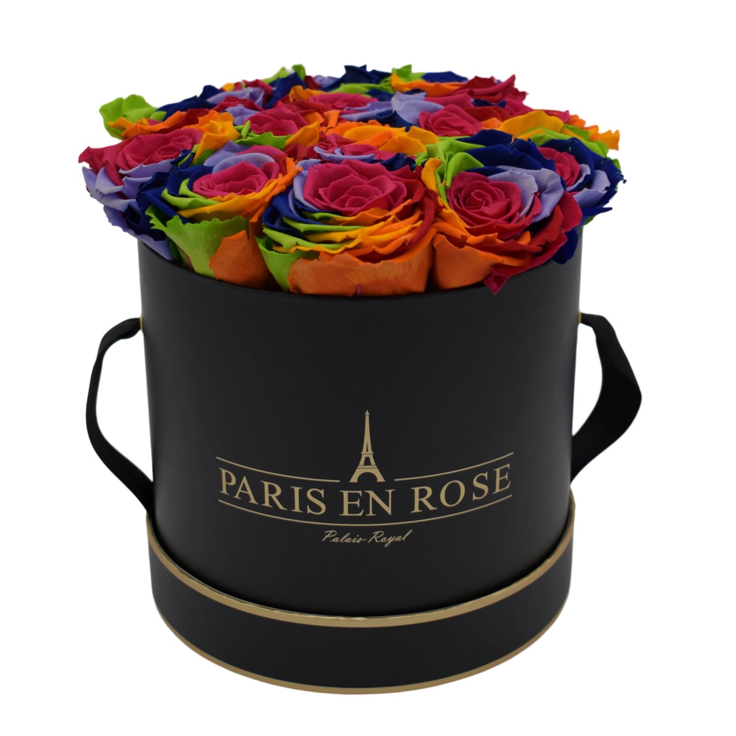 Rosenbox Ø 19 cm Schwarz-Gold mit 14 Rainbow Rosen