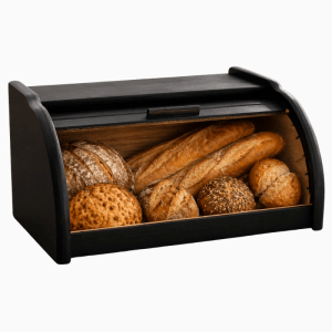 Schwarzer Dekohelden24 Brotkasten aus Buchenholz mit Brot und Brötchen.