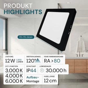 LUXULA LED Aufbauleuchte 12W IP44-Geschützt 1200lm Lichtfarbe Einstellbar CCT Deckenleuchte Eckig 173x34mm Badezimmerlampe Schwarz