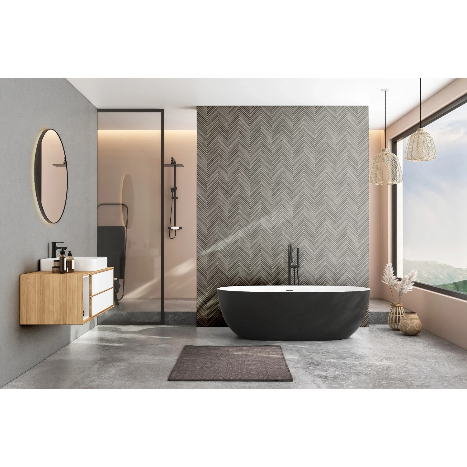 Badezimmer mit Marburg Vliestapete Fischgrätmuster in Grau-Schwarz an der Wand.
