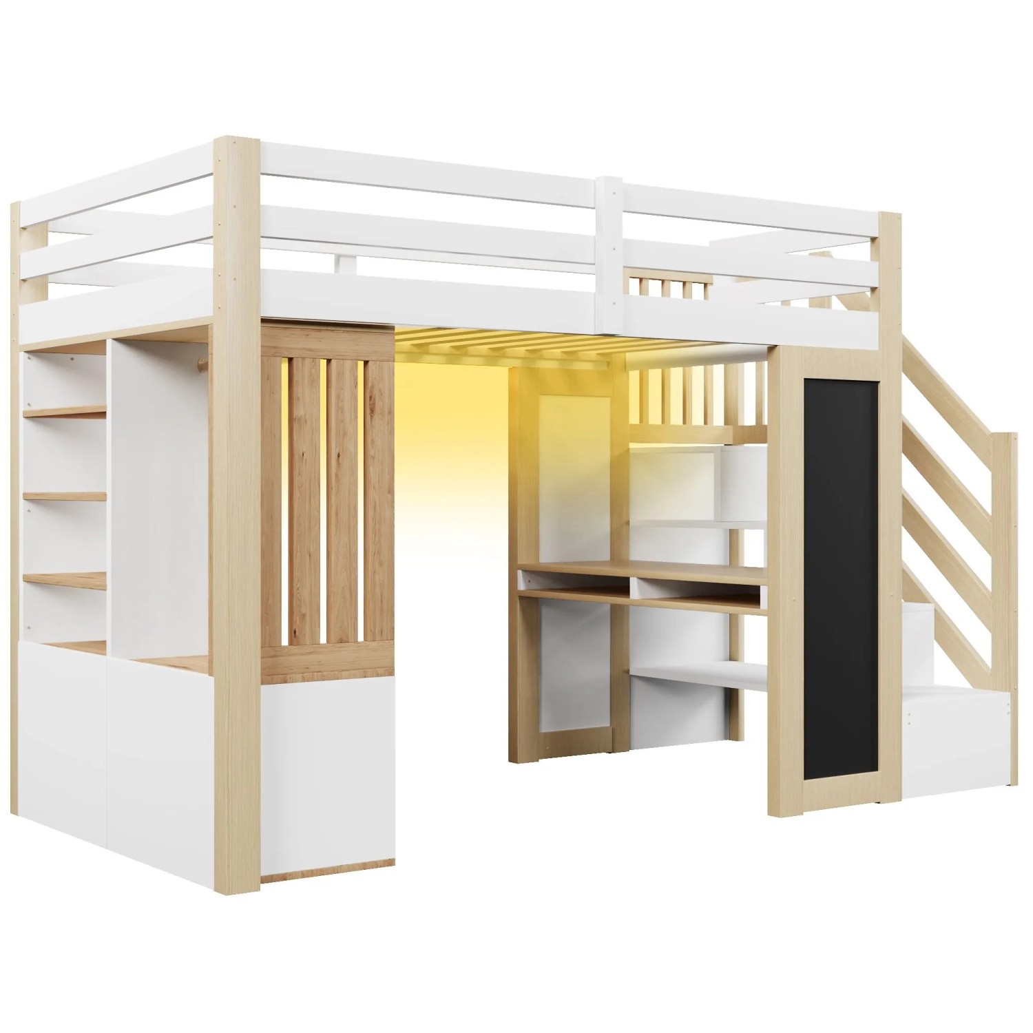 Merax Hochbett 90x200 cm Mit Schreibtisch Regalen Kleiderschrank Leiter Tafel LED Weiß Natur