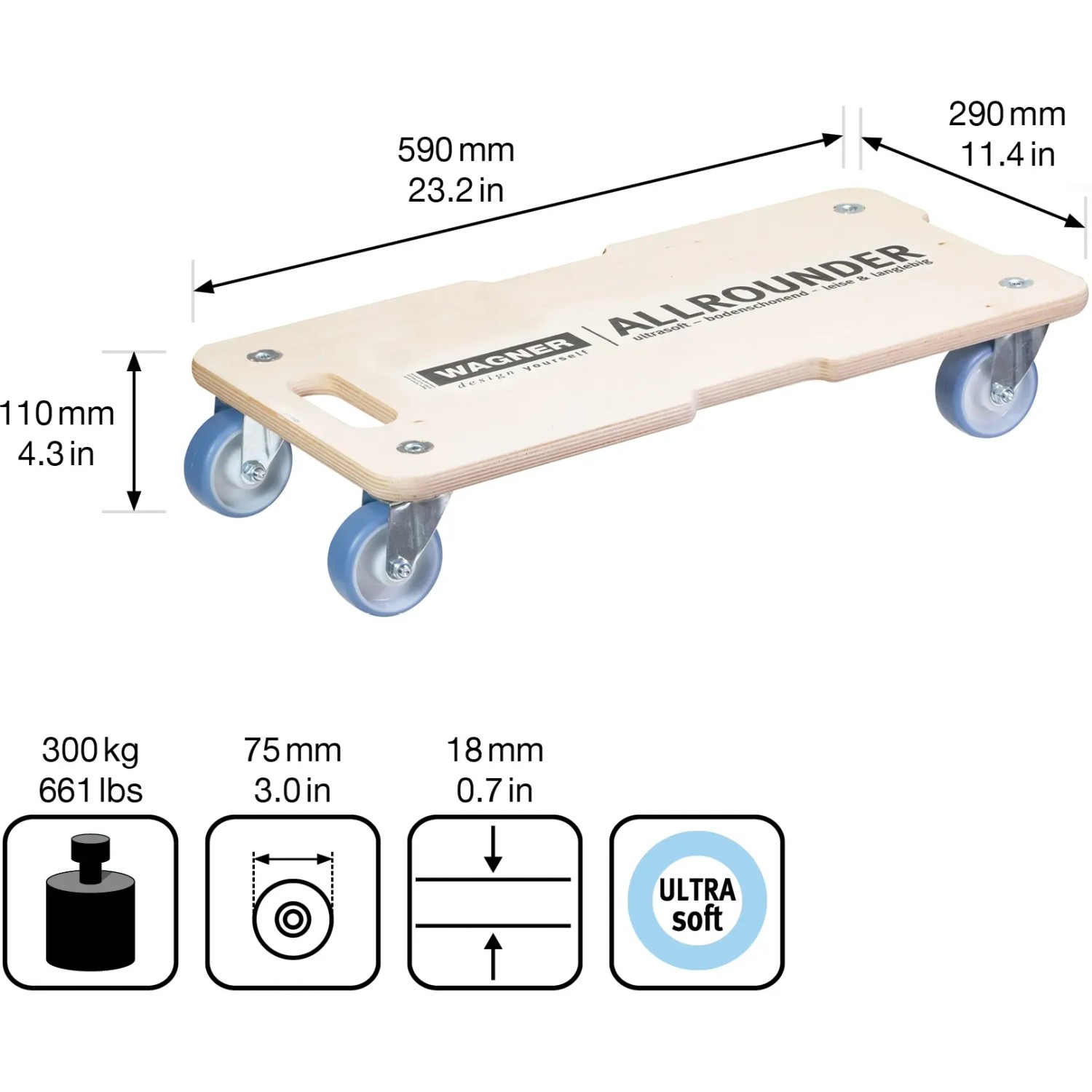 WAGNER Transport dolly MM 1326 I 59 x 29 cm - voor onhandelbare voorwerpen, apparatuur & meubels I 400 kg draagvermogen I 3 verzonken handgrepen I zeer mobiel I FSC®-gecertificeerd - 20132601