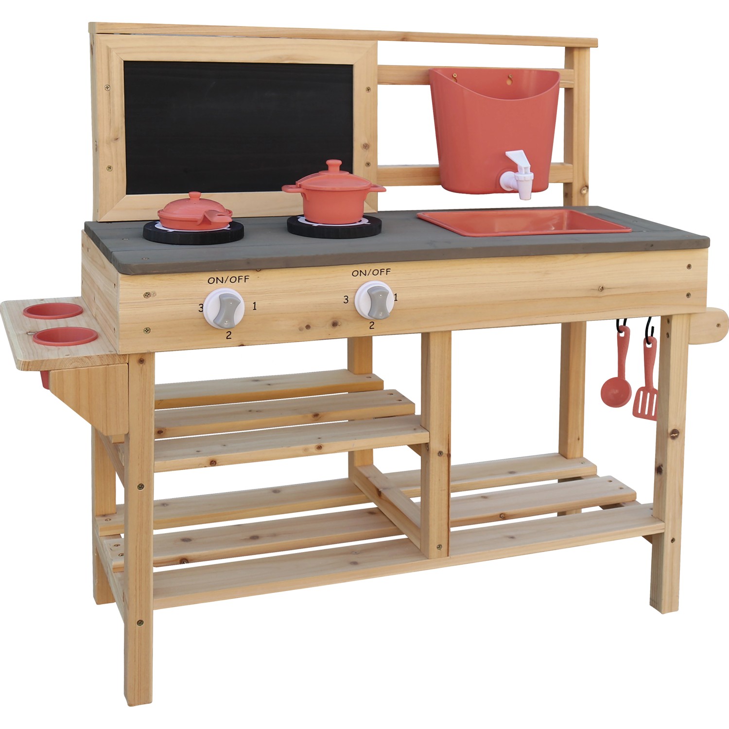 Matschküche aus FSC® Tanne mit Zubehör wie Topf, Pfanne und Wasserhahn. Ideal für Kinder zum Spielen im Freien.