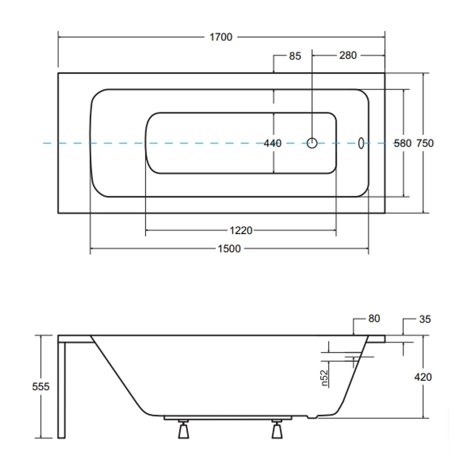 Bad Land Badewanne Rechteck TALIA 170x75 Ablauf Füße_5