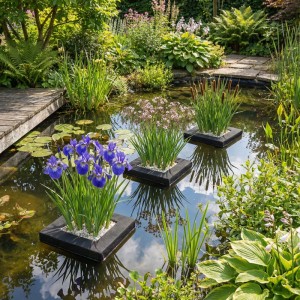 Drei schwimmende Pflanzeninseln mit blauen Schwertlilien, Schwanenblumen, Rohrkolben im Teich. Vdvelde Teichpflanzen Set.