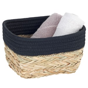 Wenko Aufbewahrungskorb Rika, Natur/Schwarz, mit Handtüchern. Korb aus Borstengras, Stoffbordüre.