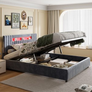 PXloue Hydraulisch Stauraumbett mit LED-Bett 160x200cm in Grau Samt