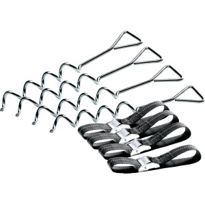 Befestigungsset für Trampoline mit 4 Erdankern und Spanngurten für hohe Stabilität.