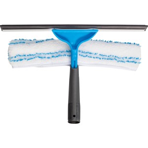 Fensterwischer 2-in-1 mit blauem Griff und Mikrofaserbezug für Nass- und Trockenreinigung.