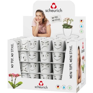 Scheurich Übertopf 870 Mix Vibes, sortiert, mit verschiedenen Gesichtsausdrücken im Verkaufsdisplay.