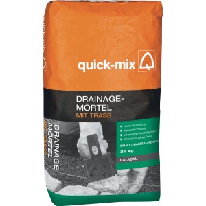 Sack Drainagemörtel (25 kg) von Quick-Mix, geeignet für Pflasterarbeiten im Garten- und Landschaftsbau.
