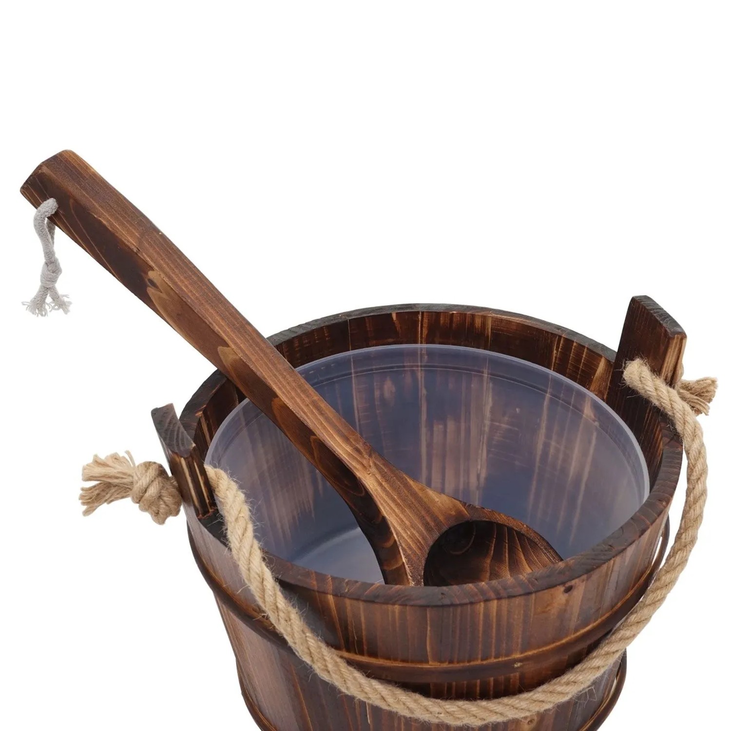 Dunkelbrauner Saunakübel aus Kiefernholz mit Seilgriff, transparentem Einsatz und passender Saunakelle. 3,5 L Saunaset.