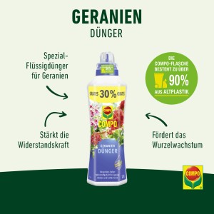 Flasche Compo Geraniendünger 1,3l: Spezial-Flüssigdünger für üppige Blüten und sattes Grün.