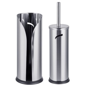 Freistehendes Bad-Set aus gebürstetem Edelstahl: Toilettenpapierhalter und WC-Bürste in Silber.